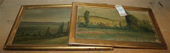 19C French School, oil on panel, A Sannois, landscape with poplars & distant town & another landscape inscribed Suce